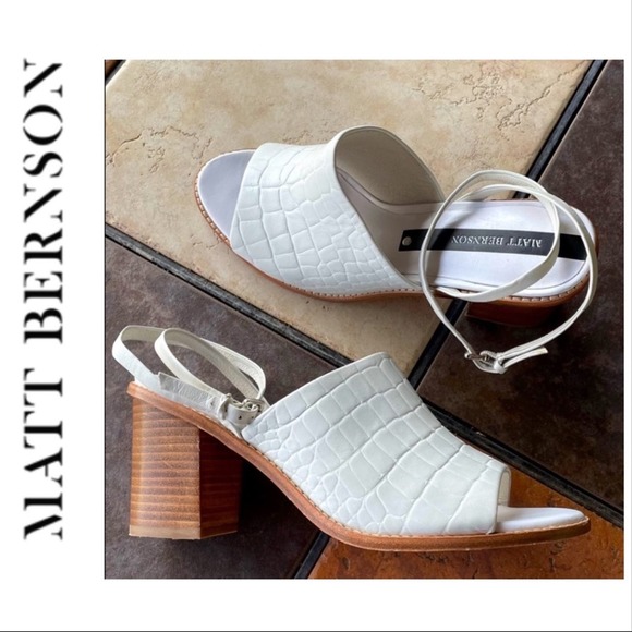 MATT BERNSON White leather Croc Embossed Ankle strap Peep Toe Mules SZ 10 - Picture 4 of 16